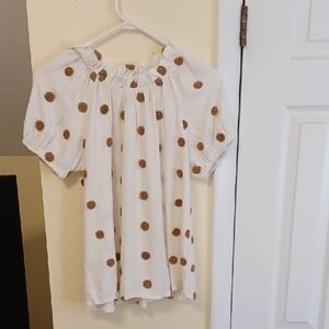 MINE Sz S, Cream Textured, Brown Fuzzy Dot Blouse . Puff Sleeves